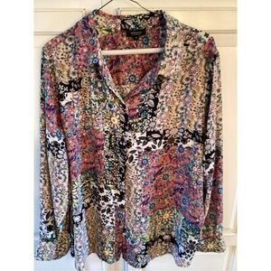 Jones New York Patchwork Flower Power Button Down Top Sz 1X Retro